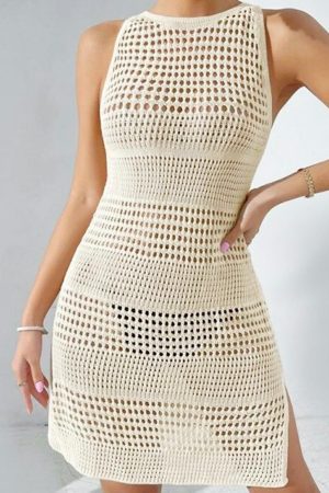 Beach Cover-ups |   Beige Sexy Open Back Hollowed Knit Sleeveless Beach Dress Beach Cover-ups Beach Cover-ups