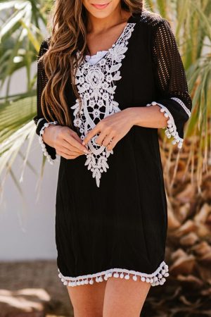 Beach Cover-ups |   Black Crochet Pom Pom Trim Beach Tunic Cover up Beach Cover-ups Beach Cover-ups