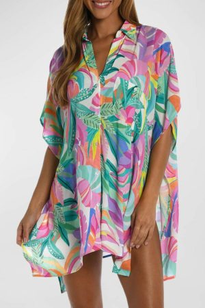 Beach Cover-ups |   Multicolor Plant Print Button-up Half Sleeve Beach Cover Up Beach Cover-ups Beach Cover-ups