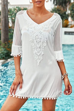 Beach Cover-ups |   White Crochet Pom Pom Trim Beach Tunic Cover up Beach Cover-ups Beach Cover-ups