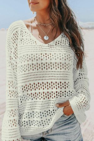 Beach Cover-ups |   White Hollow Out Crochet V Neck Pullover Sweater Beach Cover-ups Beach Cover-ups