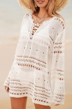 Beach Cover-ups |   White Lace-up V Neck Hollow Out Knitted Long Sleeve Cover Up Beach Cover-ups Beach Cover-ups