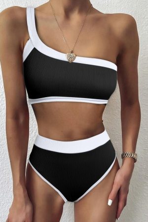 Bikinis |   Black One Shoulder Patchwork High-waisted Bikini Set Bikinis Bikinis