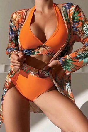 Bikinis |   Carrot 3pcs Tropical Contrast Trim Halter Bikini Set with Cover up Bikinis Bikinis