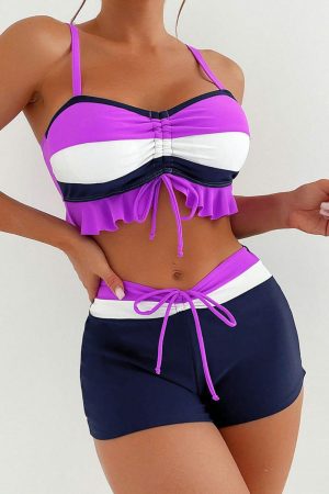 Bikinis |   Dark Purple Colorblock Ruffled Drawstring Tie Shorts Bikini Bikinis Bikinis