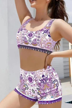 Bikinis |   Purple Boho Paisley Print Tank Shorts Swimsuit Bikinis Bikinis