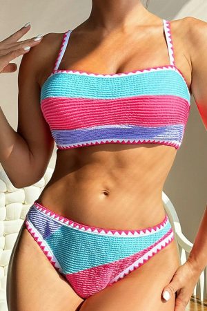 Bikinis |   Strawberry Pink Textured Color Block Padded Two Piece Bikini Set Bikinis Bikinis