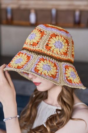 Hats & Caps |   Beige Boho Flower Crochet Wide Brim Buckle Hat ACCESSORIES Beige