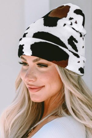 Hats & Caps |   Black Cow Spots Printed Warm Beanie Hat ACCESSORIES Black