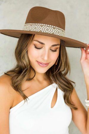 Hats & Caps |   Brown Aztec Embroidery Retro Flat Fedora Hat ACCESSORIES Brown