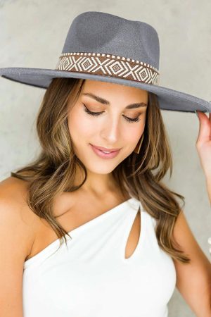 Hats & Caps |   Gray Aztec Embroidery Retro Flat Fedora Hat ACCESSORIES Gray