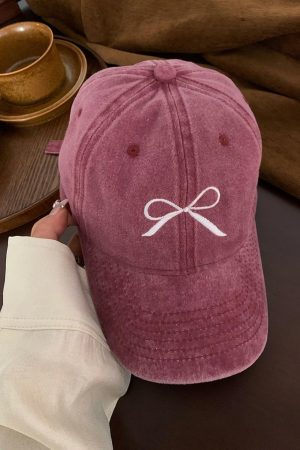 Hats & Caps |   Rose Pink Embroidered Bow Knot Denim Baseball Cap ACCESSORIES Hats & Caps