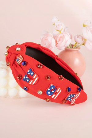 Headwear |   Fiery Red USA Flag Gemstone Decor Knotted Wide Headband ACCESSORIES Fiery Red