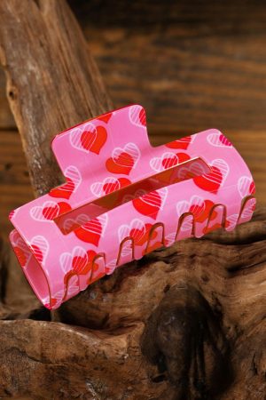 Headwear |   Pink Double Heart Printed Valentines Fashion Hair Claw ACCESSORIES Headwear