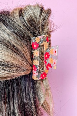 Headwear |   Red Floral Print Clear Plastic Square Hair Claw Clip ACCESSORIES Headwear