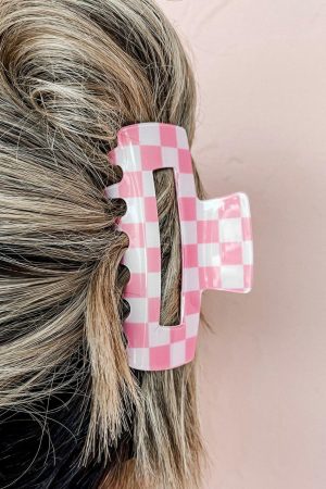 Headwear |   Sachet Pink Checkered Print Hollow Out Hair Clip ACCESSORIES Headwear