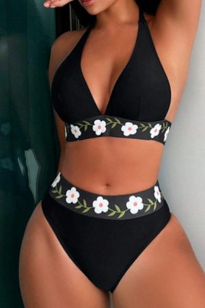 High Waisted Swimsuits |   Black Floral Banded Halter High Waisted Swimsuit High Waisted Swimsuits Black