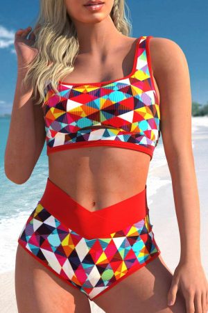 High Waisted Swimsuits |   Fiery Red 2pcs Geometric Print Notch High Waisted Bikini High Waisted Swimsuits Fiery Red