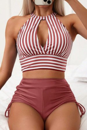 High Waisted Swimsuits |   Mineral Red Striped Halter Top Drawstring Ruched High Waisted Bikini High Waisted Swimsuits High Waisted Swimsuits