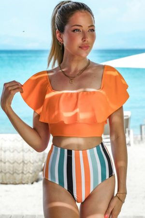 High Waisted Swimsuits |   Orange Ruffled Top and Leopard High Waist Bikini Swimwear High Waisted Swimsuits High Waisted Swimsuits