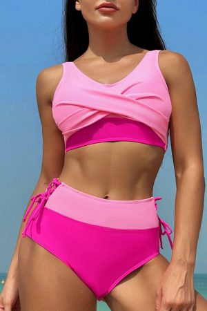 High Waisted Swimsuits |   Rose Red Colorblock Crossed Lace up High Waist Bikini High Waisted Swimsuits High Waisted Swimsuits