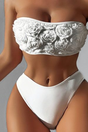 High Waisted Swimsuits |   White 3D Floral Bandeau High Waist Bikini High Waisted Swimsuits High Waisted Swimsuits