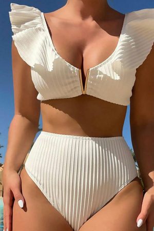 High Waisted Swimsuits |   White Textured Ruffled Notched V Neck High Waist Bikini Set High Waisted Swimsuits High Waisted Swimsuits