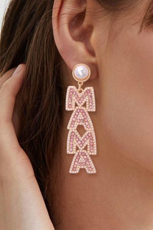 Jewelry |   Apricot Pink MAMA Rhinestone Pearl Dangle Stud Earrings ACCESSORIES Apricot Pink