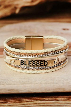 Jewelry |   Beige BLESSED Rhinestone Braided Detail Buckle Bracelet ACCESSORIES Beige