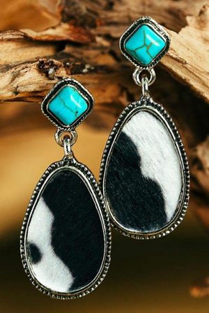 Jewelry |   Black Cow Print Turquoise Drop Earrings ACCESSORIES Black