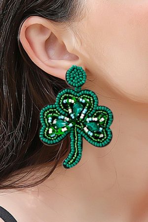 Jewelry |   Blackish Green St Patrick Shamrock Rice Beaded Stud Earrings ACCESSORIES Blackish Green