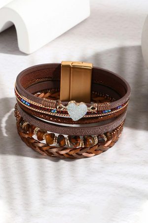 Jewelry |   Brown Glittering Heart Accent Multi-layer Vintage PU Bracelet ACCESSORIES Brown