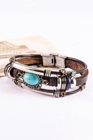 Jewelry |   Brown Turquoise Faux Leather Multi-layered Bracelet ACCESSORIES Brown