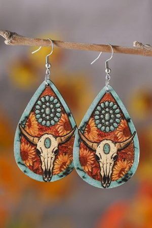 Jewelry |   Chestnut Western Steer Head Print Wooden Drop Earrings ACCESSORIES Chestnut