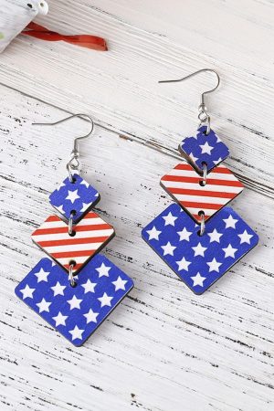 Jewelry |   Dark Blue Geometric Wooden Star Stripe Flag Dangle Earrings ACCESSORIES Dark Blue