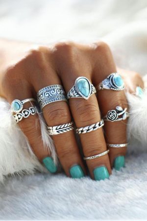 Jewelry |   Dark Green Vintage Turquoise Decor 10Pcs Rings Set ACCESSORIES Dark Green