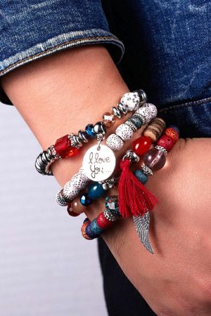 Jewelry |   Fiery Red 4pcs Wing Shape Tassel Pendant Beaded Bracelet Set ACCESSORIES Fiery Red