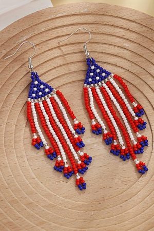 Jewelry |   Fiery Red American Flag Beaded Fringed Hook Earrings ACCESSORIES Fiery Red