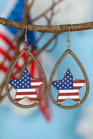 Jewelry |   Fiery Red American Flag Heart Shape Hollowed Wood Drop Earrings ACCESSORIES Fiery Red