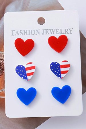 Jewelry |   Fiery Red American Flag Print Heart Shape Stud Earrings Set ACCESSORIES Fiery Red