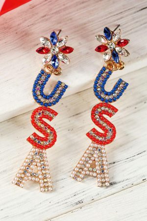 Jewelry |   Fiery Red Beaded Rhinestone Colorblock USA Earrings ACCESSORIES Fiery Red