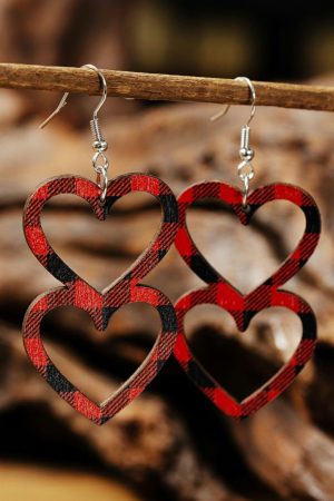 Jewelry |   Fiery Red Valentines Day Plaid Double Love Heart Wooden Earrings ACCESSORIES Fiery Red