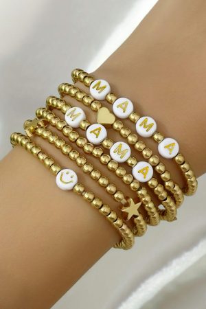 Jewelry |   Gold 6Pcs MAMA Heart Star Shape Beaded Bracelet Set ACCESSORIES Gold