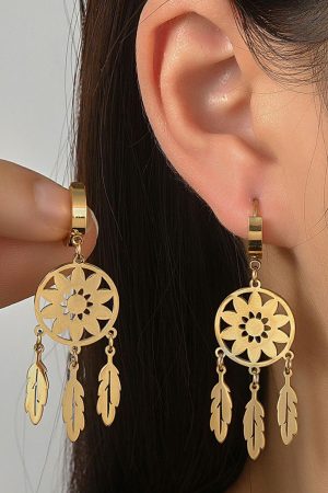 Jewelry |   Gold Dream Catcher Feather Fringed Alloy Dangle Earrings ACCESSORIES Gold