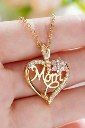 Jewelry |   Gold Mom Rhinestone Flower Hollow-out Heart Necklace ACCESSORIES Gold