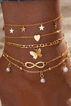 Jewelry |   Gold Pearl Butterfly Multi-layer Pendant Anklet ACCESSORIES Gold