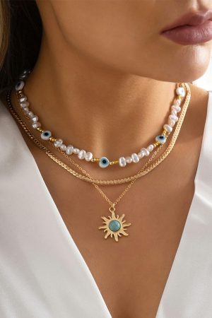 Jewelry |   Gold Sun Turquoise Pearl Beaded Multi Layered Pendant Necklace ACCESSORIES Gold