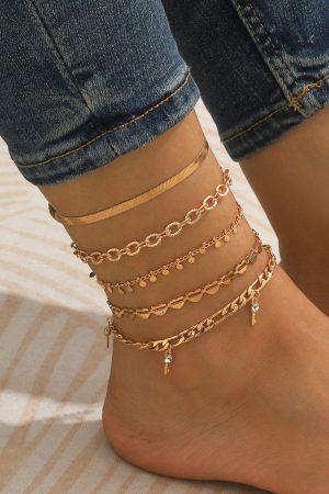 Jewelry |   Gold Sweet Heart Rhinestone Dangle 5-piece Anklets ACCESSORIES Gold