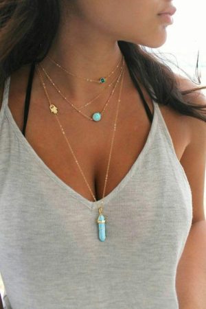 Jewelry |   Gold Turquoise Gemstone Pendant Multi-Layered Necklace ACCESSORIES Gold