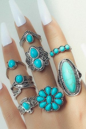 Jewelry |   Green Vintage Western Turquoise 8-piece Ring Set ACCESSORIES Green